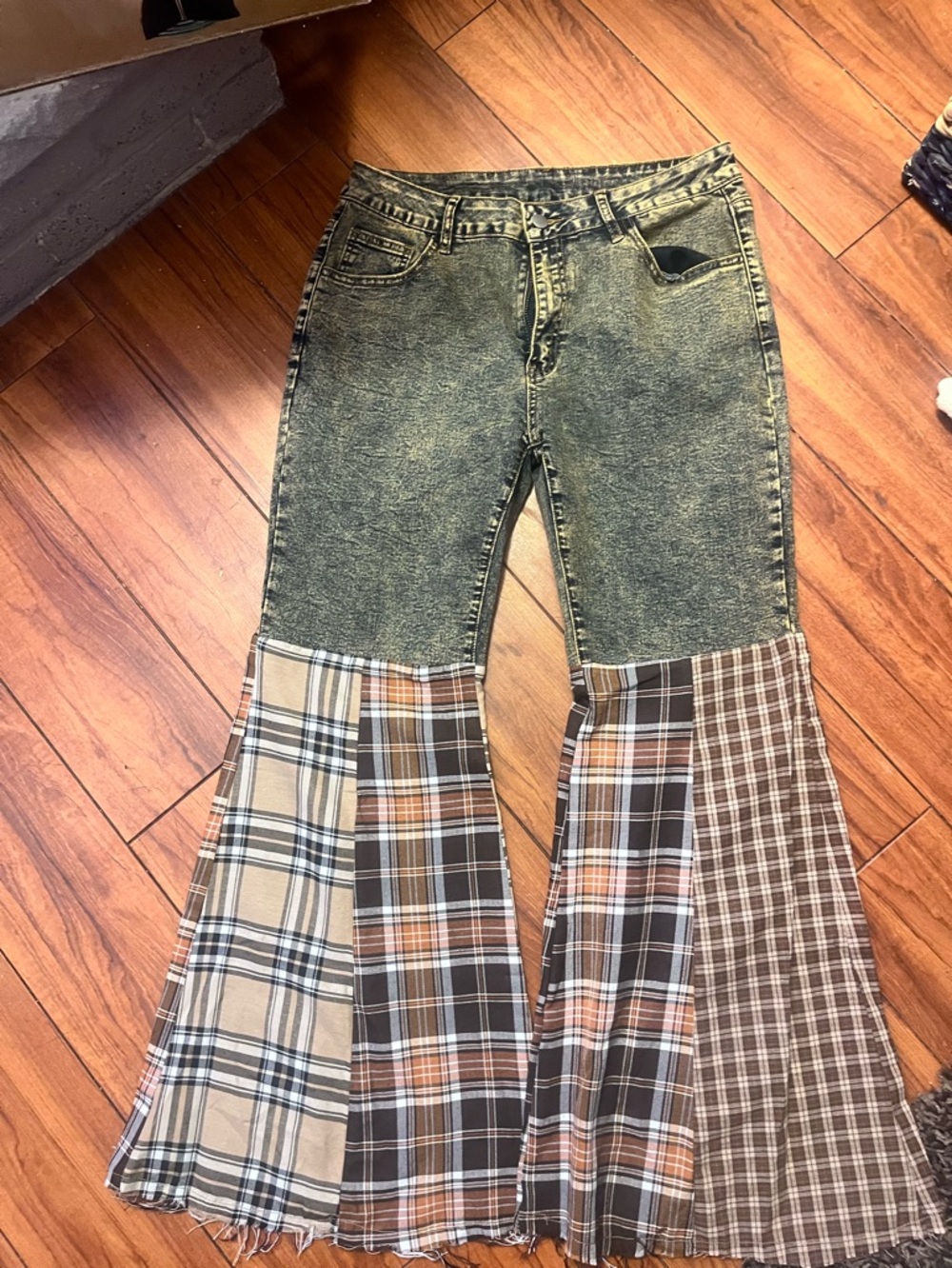 Gray  Acid-Wash Jeans with Multi Plaid Flared Panels